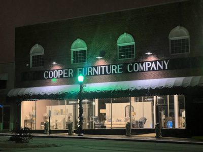 Cooper Furniture Company | Lancaster, SC | storefront at night